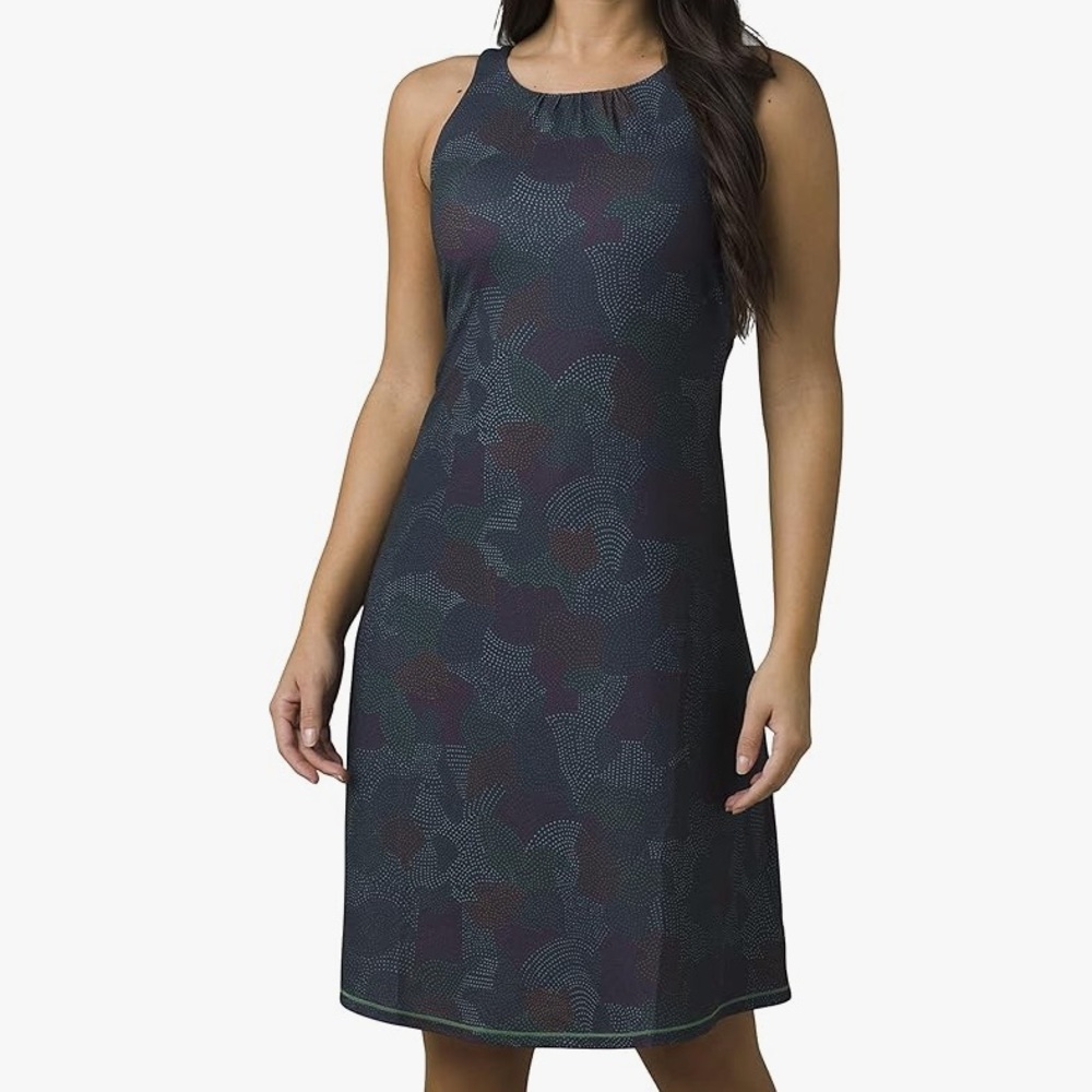 🆕 prAna Skypath Deep Pine Dotty Performance Lightweight Sleeveless Mini Dress S